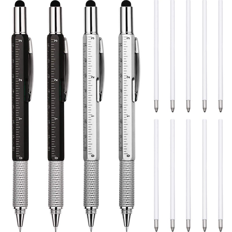 Zhanmai 4 Pcs Gift Pen for Men 6 in 1 Multitool Pen with Ruler Level Refills Screwdriver Stylus Cool Gadgets Tool for Dad Friend Husband Birthday Anniversary Christmas Graduation Gift(Black) - Image 1